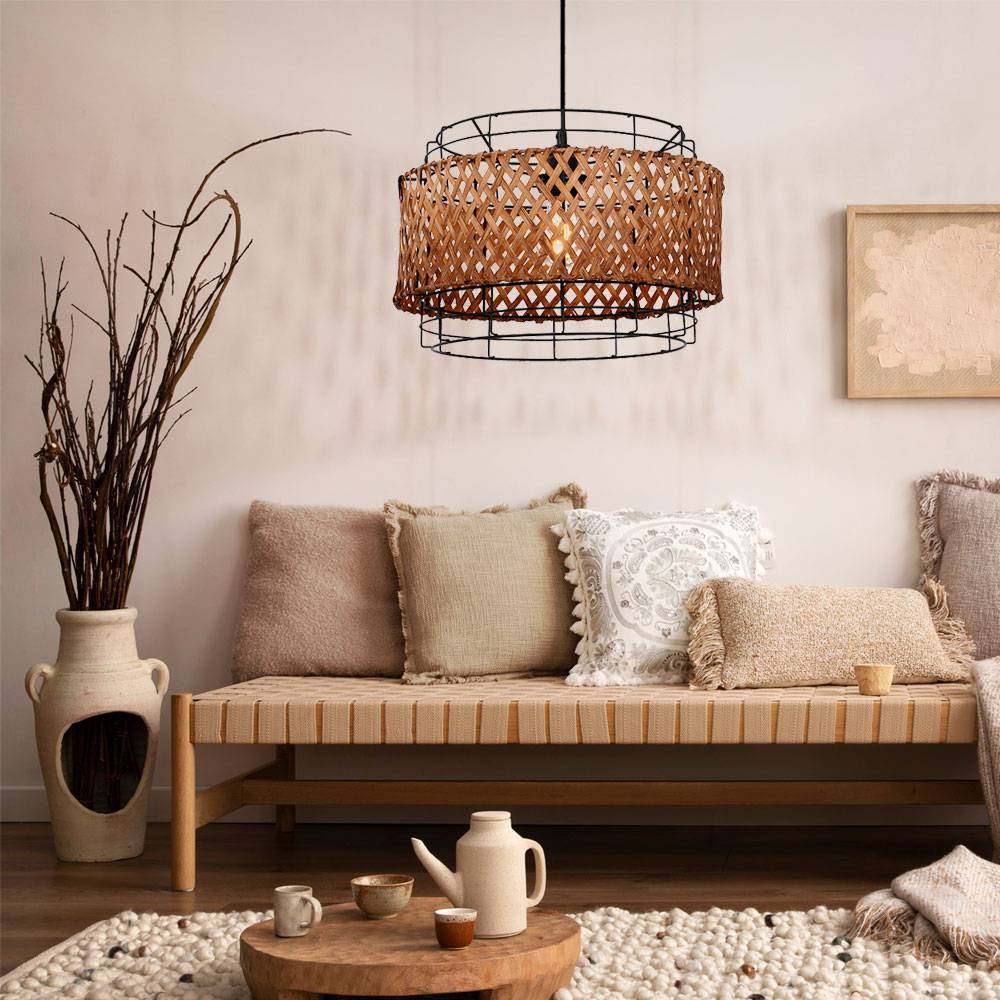 Hängelampe Bambus Lampe hängend Esstisch Deckenlampe Boho Style Pendelleuchte Bambus 1 flammig, Drahtgeflecht Metall, 1x E27, DxH 35x120 cm