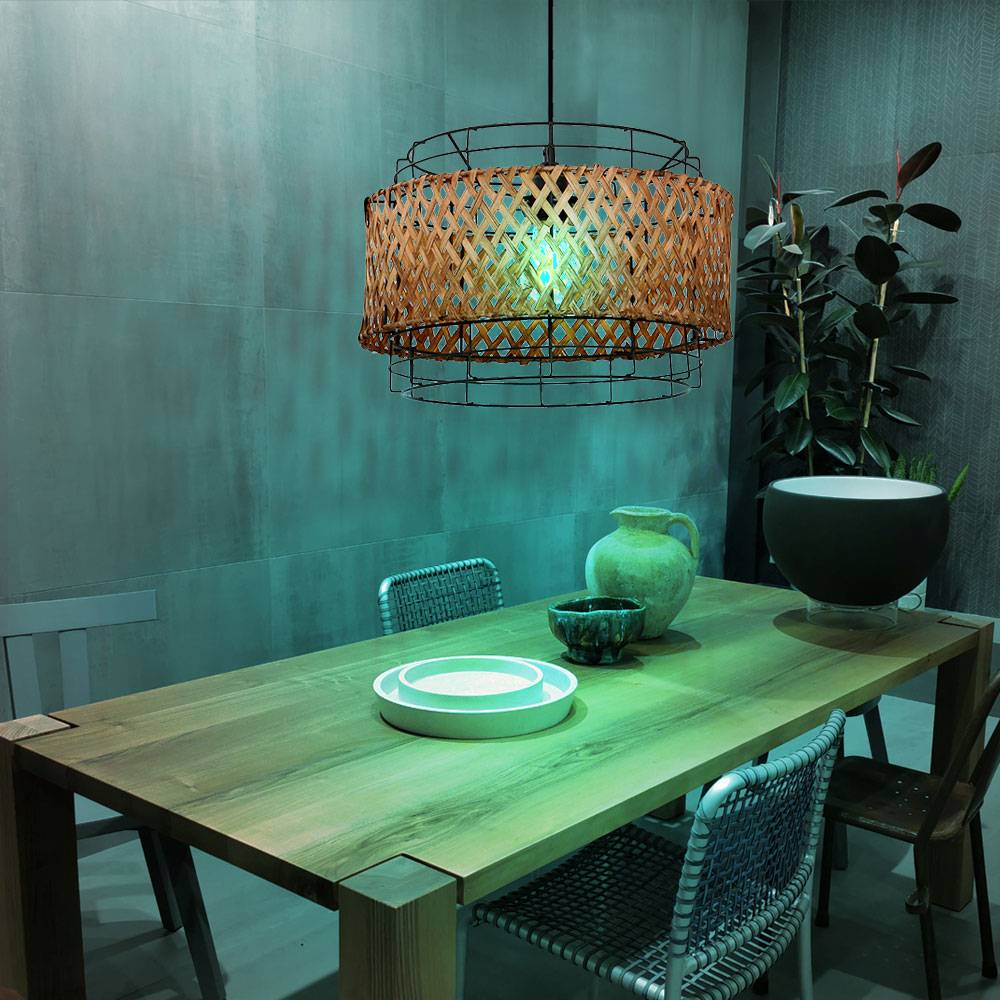 Bambus Lampe hängend Hängelampe Esstisch Deckenlampe Boho Style Pendelleuchte Bambus 1 flammig, Drahtgeflecht, Fernbedienung dimmbar, 1x RGB LED, Dx