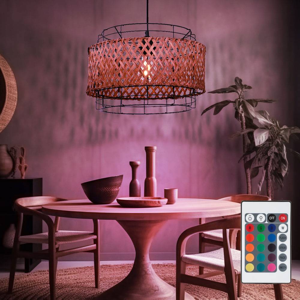 Bambus Lampe hängend Hängelampe Esstisch Deckenlampe Boho Style Pendelleuchte Bambus 1 flammig, Drahtgeflecht, Fernbedienung dimmbar, 1x RGB LED, Dx