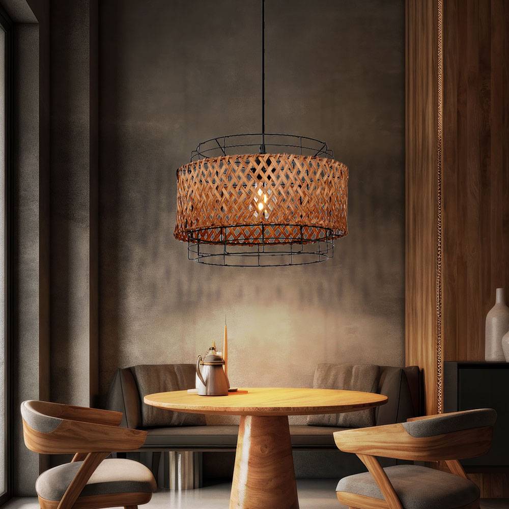 Hängelampe Bambus Lampe hängend Esstisch Deckenlampe Boho Style Pendelleuchte Bambus 1 flammig, Drahtgeflecht Metall, 1x E27, DxH 35x120 cm