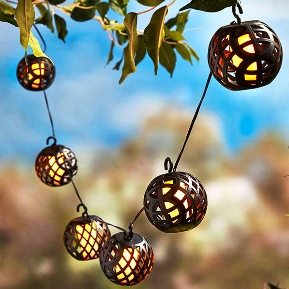 LED Solar Lichterkette Aussen Solarlampe Garten Dekoration in Kugelform Flammeneffekt, Kunststoff schwarz, LED warmweiß, L 200 cm, Terrasse