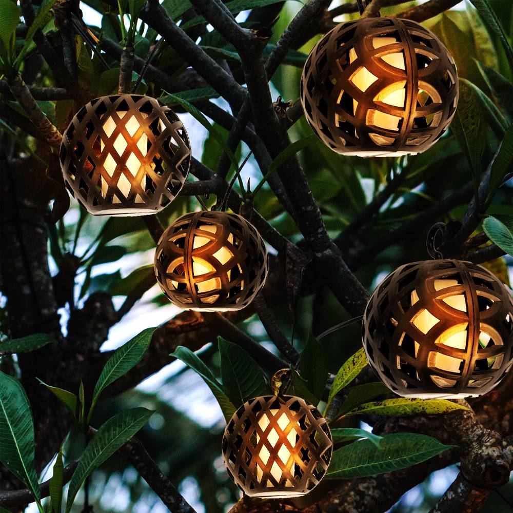 LED Solar Lichterkette Aussen Solarlampe Garten Dekoration in Kugelform Flammeneffekt, Kunststoff schwarz, LED warmweiß, L 200 cm, Terrasse