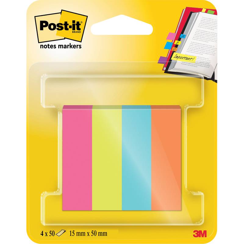 Haftnotizen-Marker in rosa, orange, blau und gelb, verpackt unter der Marke 'Post-it', mit einem Beispielbild zur Verwendung der Notizen.