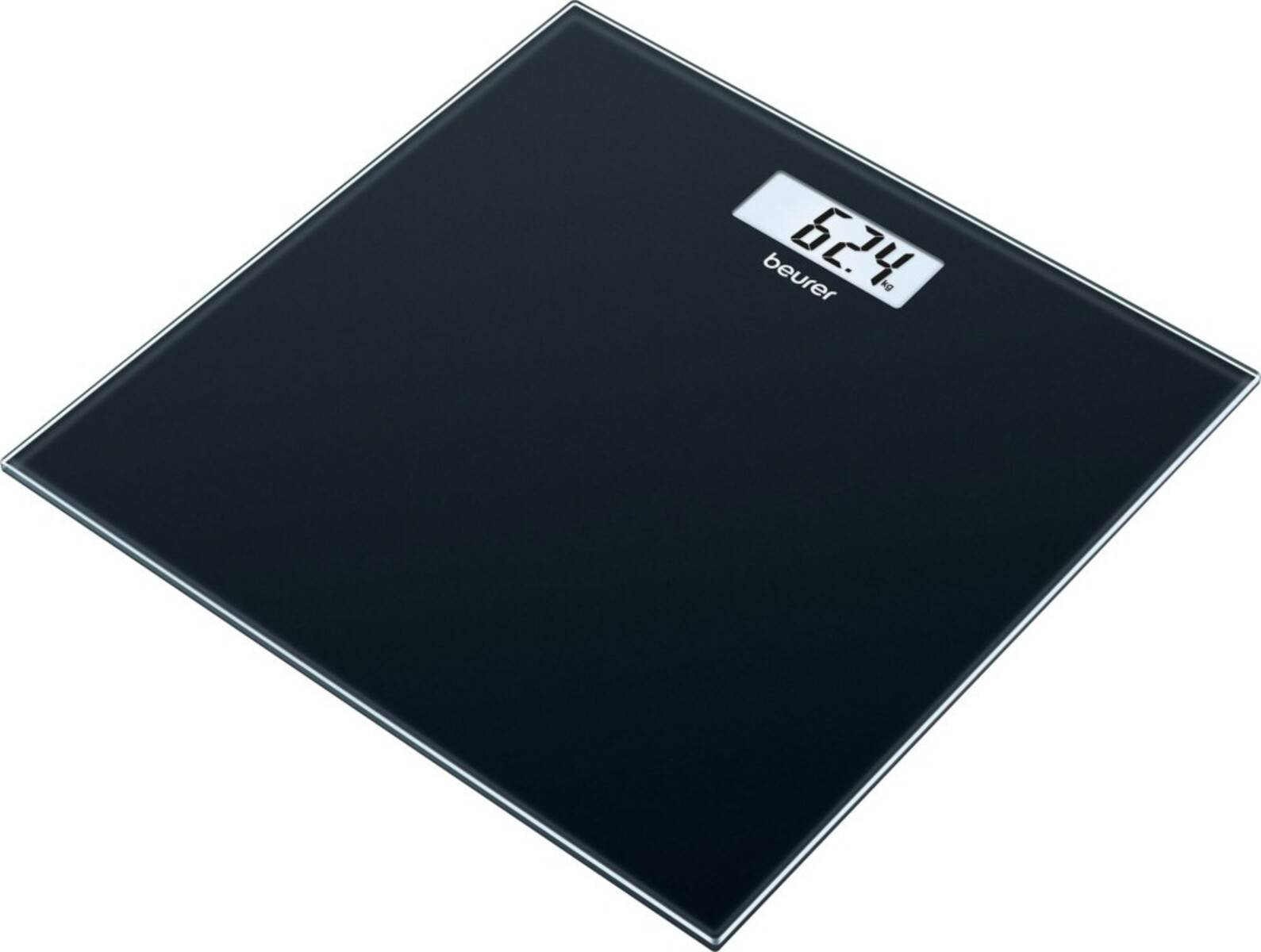 Schwarze digitale Badezimmerwaage mit kleinem oberen Display, das „6:24
