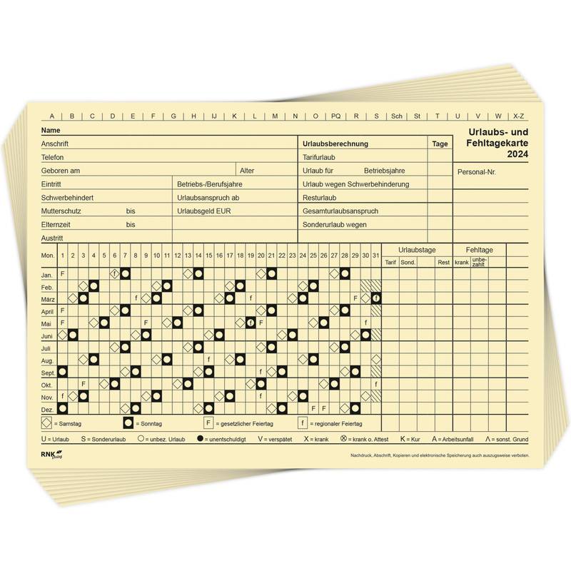 RNK Verlag Urlaubs- und Fehltagekarte 2025, DIN A5 quer