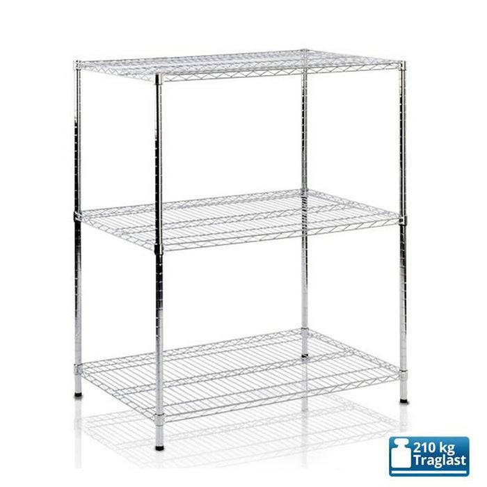 Metallregal mit drei Drahtregalen und einer Tragfähigkeit von 210 kg.