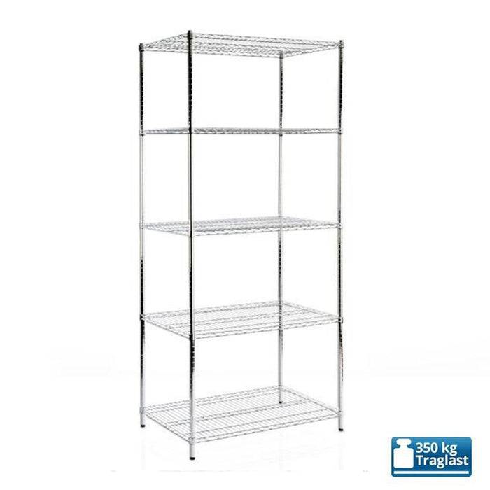 Ein Metall-Lagersregal mit fünf Ebenen. Das Regal ist mit '350 kg Traglast' gekennzeichnet, was eine maximale Tragfähigkeit von 350 kg anzeigt.