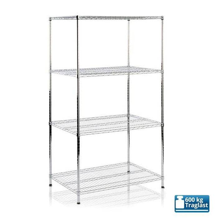 Regale aus verchromtem Metall mit vier verstellbaren Regalen. Maximale Tragfähigkeit: 600 kg.