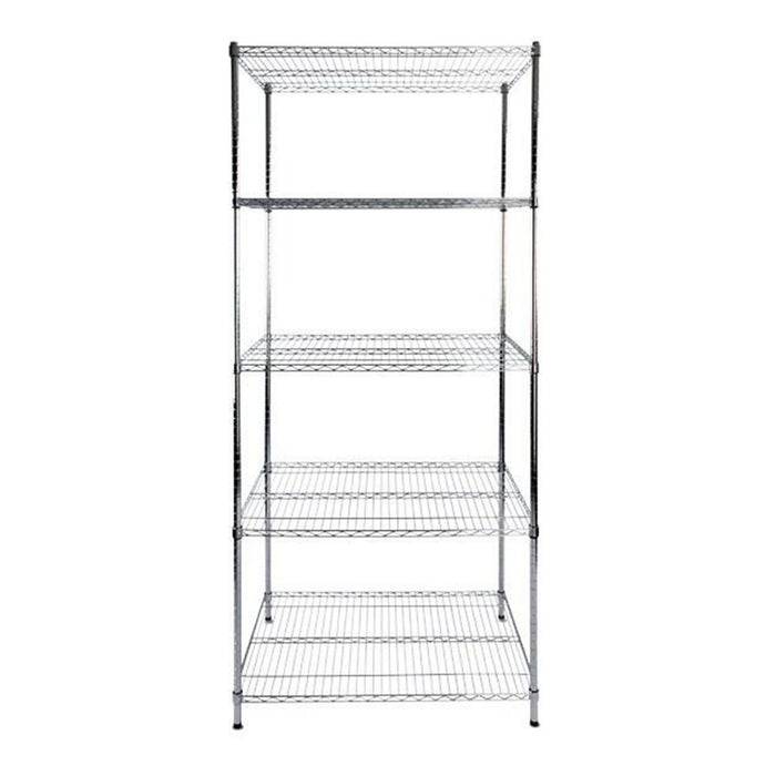 Eine hohe, fünfstöckige Metallgestelleinheit aus Draht zur Lagerung, leer dargestellt vor einem schlichten weißen Hintergrund.