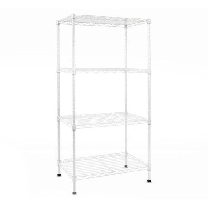 Ein weißes, metallenes Lagerregal mit vier Regalen und verstellbaren Böden. Geeignet zum Organisieren von Gegenständen in einer Garage, Küche oder im Bürobereich.