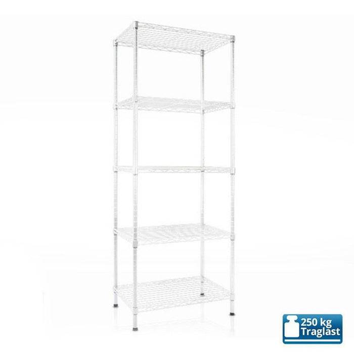 Weißes Metallregal mit fünf Böden, Tragfähigkeit bis zu 250 kg, vor neutralem Hintergrund dargestellt.