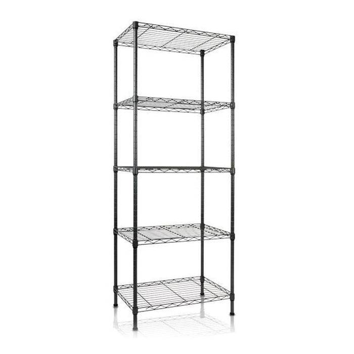 Ein hohes, fünfteiliges Metallregal mit Drahtregalen, vor weißem Hintergrund dargestellt. Ideal zur Organisation von Gegenständen in einer Garage oder Speisekammer.