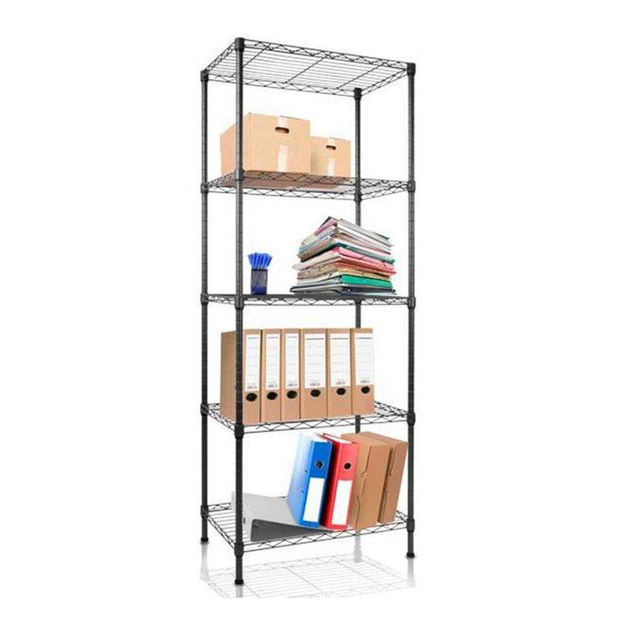 Ein vierstöckiges schwarzes Metallregal mit verschiedenen Gegenständen, darunter Aktenhefter, Ordner, Bücher und Schreibwaren.