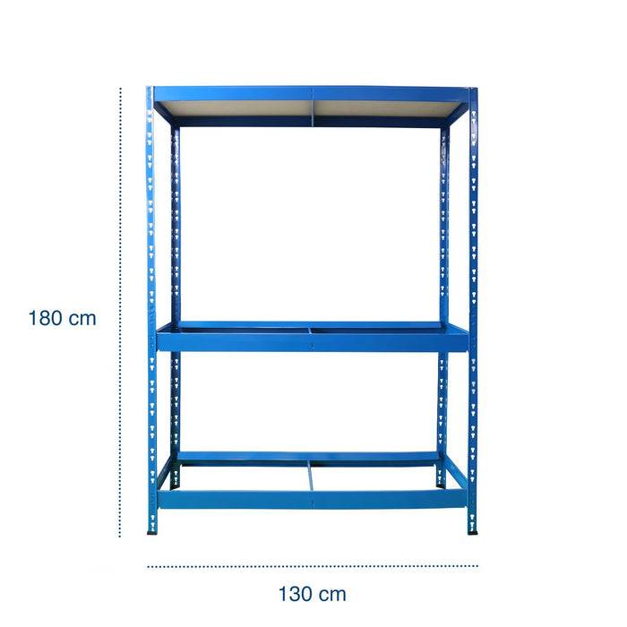 Metallregal, blau, mit zwei Ebenen und ohne Regale. Abmessungen dargestellt: Höhe 180 cm, Breite 130 cm.