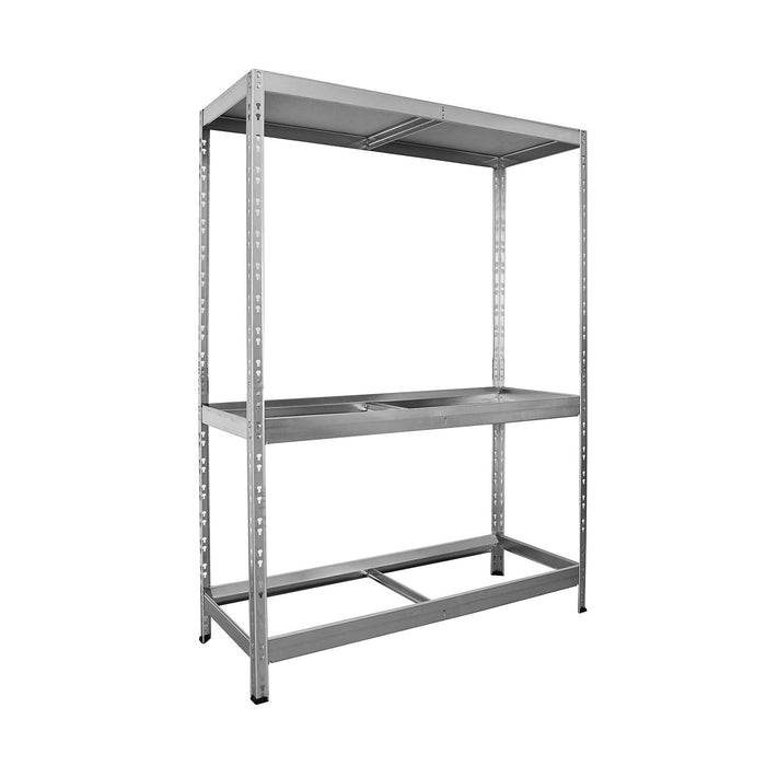 Eine Metallregaleinheit mit drei Ebenen, einschließlich einer Werkbankfläche in der Mitte. Das Gestell ist stabil und offen ohne sichtbare Inhalte.