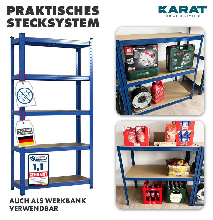 KARAT Schwerlastregal Grizzly - Bis zu 1250 kg Traglast - Schnelle Montage durch Stecksystem - 180 x 120 x 60 cm - Blau