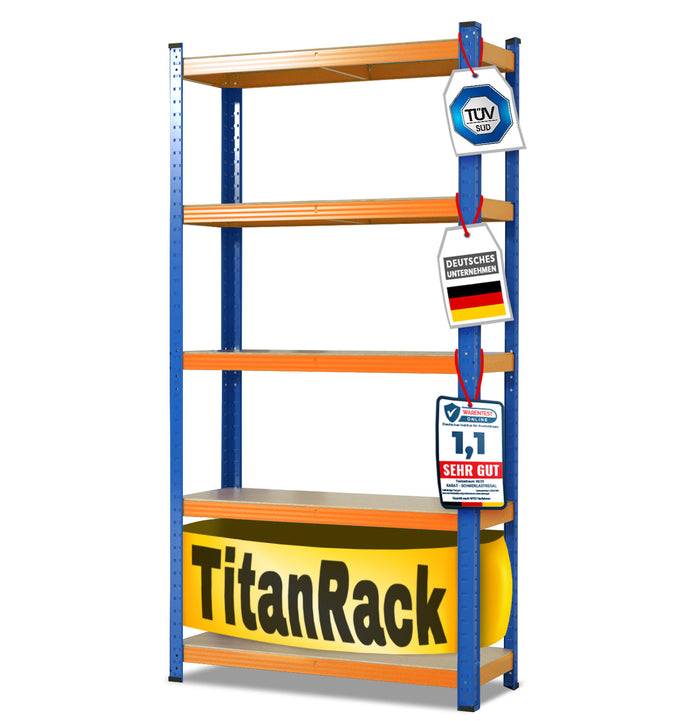 „Vierschichtiges TitanRack-Regalsystem mit TÜV Süd, Deutsches Unternehmen und 1,1 Sehr Gut Bewertungen, die Stabilität und Qualität unterstreichen.