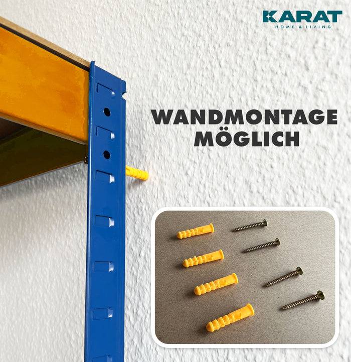 Blaues Metallregal mit gelben Kunststoff-Wanddübeln und Schrauben, die daneben abgebildet sind. Der Text lautet „Wandmontage möglich