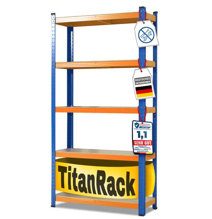 KARAT Schwerlastregal Grizzly - Bis zu 1250 kg Traglast - Schnelle Montage durch Stecksystem - 220 x 120 x 45 cm - Blau-Orange