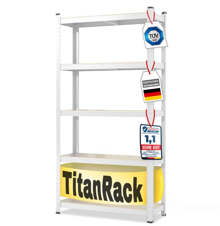 Eine weiße Metallregaleinheit mit drei Auszeichnungen, die an der Seite hängen, und dem Markennamen „TitanRack