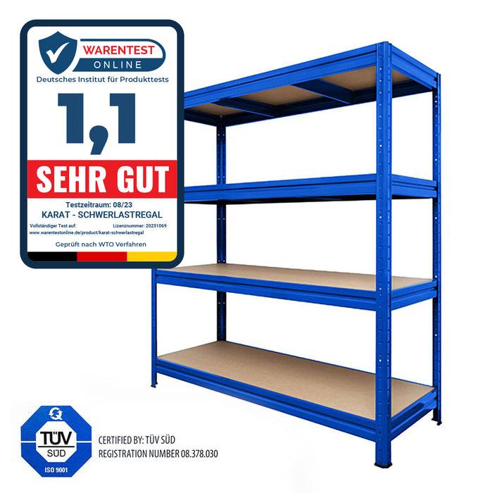 Eine blaue Metallregaleinheit mit Holzregalen wird neben einer Bewertung von „1,1 Sehr Gut