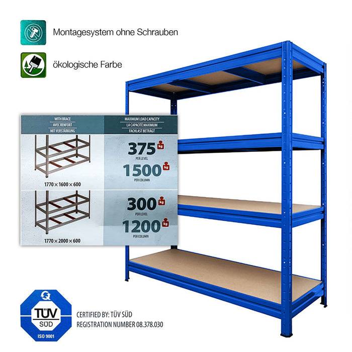 Blaue Metallregaleinheit mit vier Regalen, die in einer Montageanleitung gezeigt wird. Der Text im Bild hebt die werkzeugfreie Montage und umweltfreundliche Farbe hervor. TÜV SÜD zertifiziert.
