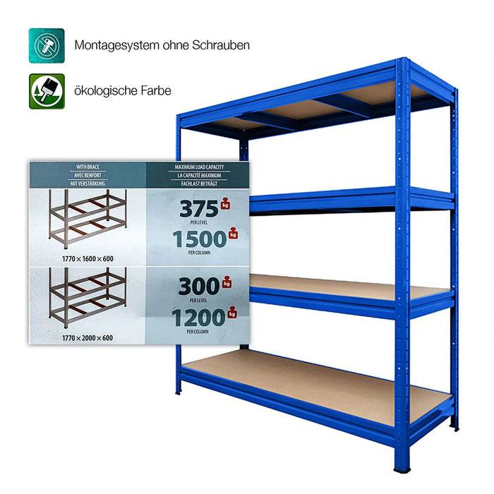 KARAT Weitspannregal - Traglast bis zu 1600 kg - Für Keller & Werkstatt - 177 x 200 x 60 cm - Blau