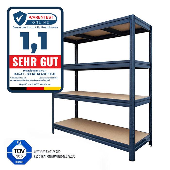 Stahlregaleinheit mit fünf Ebenen wird von Warentest mit '1,1 SEHR GUT' bewertet. TÜV SÜD zertifiziert, was auf hohe Qualität hinweist.