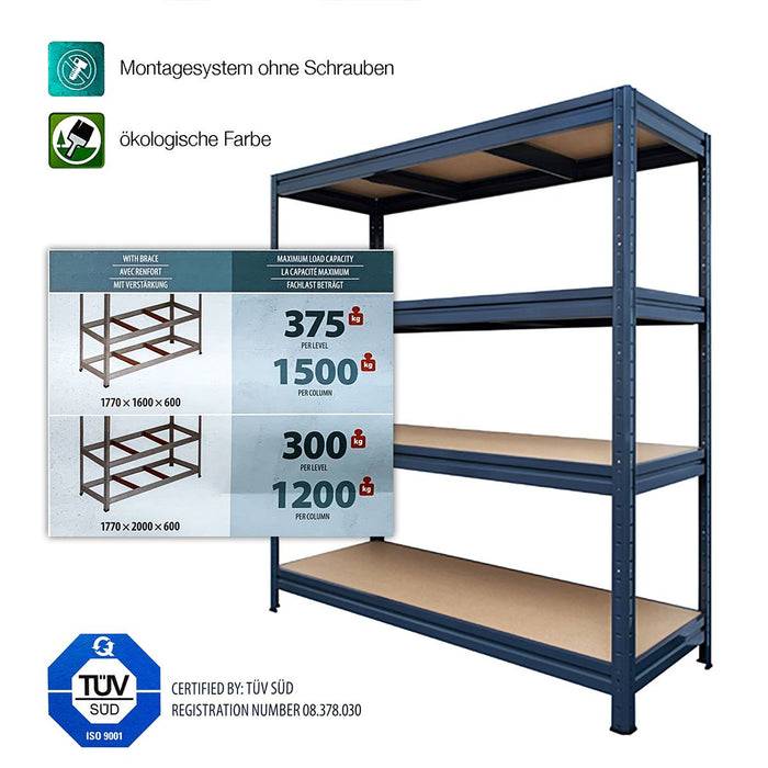 Regaleinheit mit vier Böden, gekennzeichnet mit Abmessungen und maximalen Tragfähigkeiten: 375 kg (1770 x 1600 x 600) und 300 kg (1770 x 2000 x 600). Texte: 
