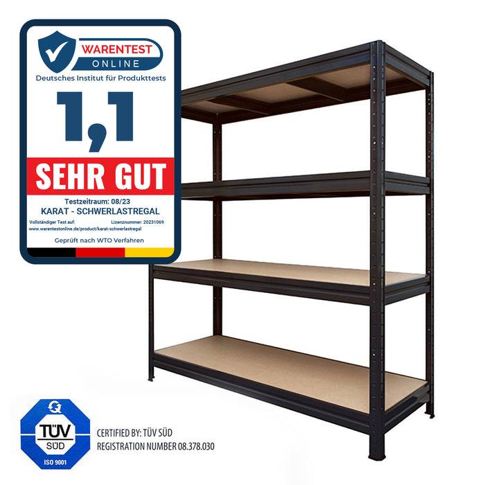 Metallregal mit vier Ebenen, von 'Warentest' in 09/23 mit 'Sehr Gut' bewertet. Zertifiziert durch TÜV SÜD, ISO 9001 Registrierungsnummer 08.378.030.