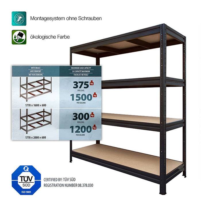 Metallregal mit drei Ebenen dargestellt, gekennzeichnet mit Tragfähigkeiten: klein (375 kg), mittel (1500 kg), groß (1300 kg). Umweltfreundlich und TÜV-zertifiziert.