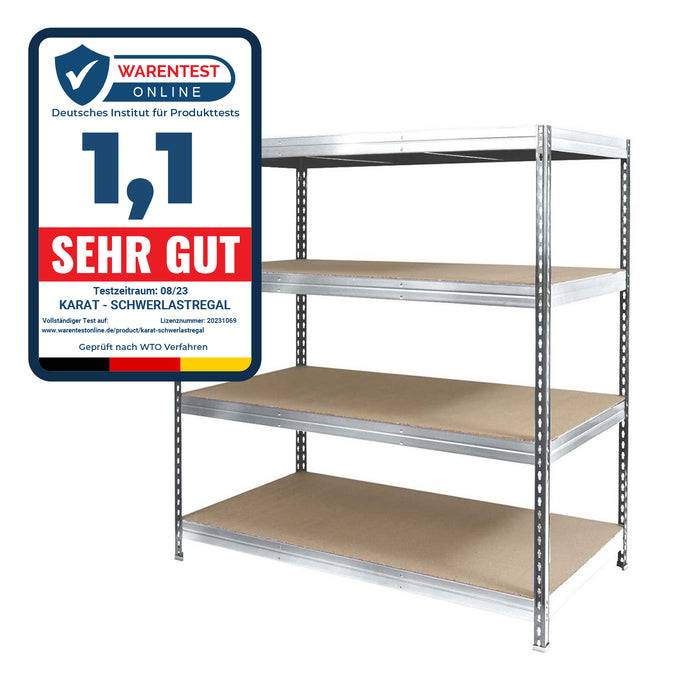 Eine Metallregalanlage mit fünf Ebenen wird von Warentest, einem deutschen Produkttestinstitut, seit September 2023 mit '1,1 SEHR GUT' bewertet.