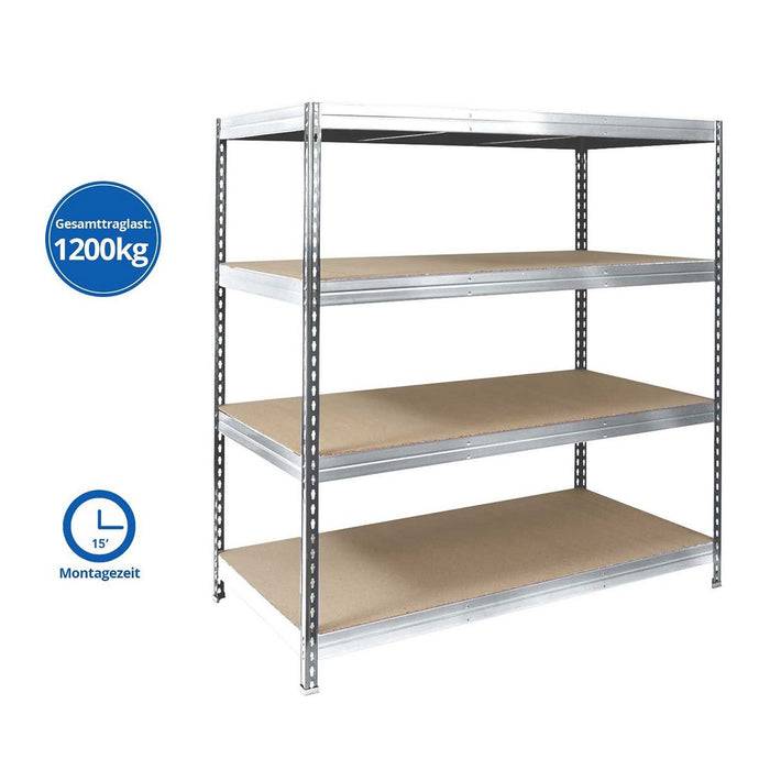 Eine Metallregalanlage mit vier Holzregalen wird gezeigt. Sie trägt bis zu 1200 kg Gewicht. Die Montagezeit beträgt etwa 15 Minuten.