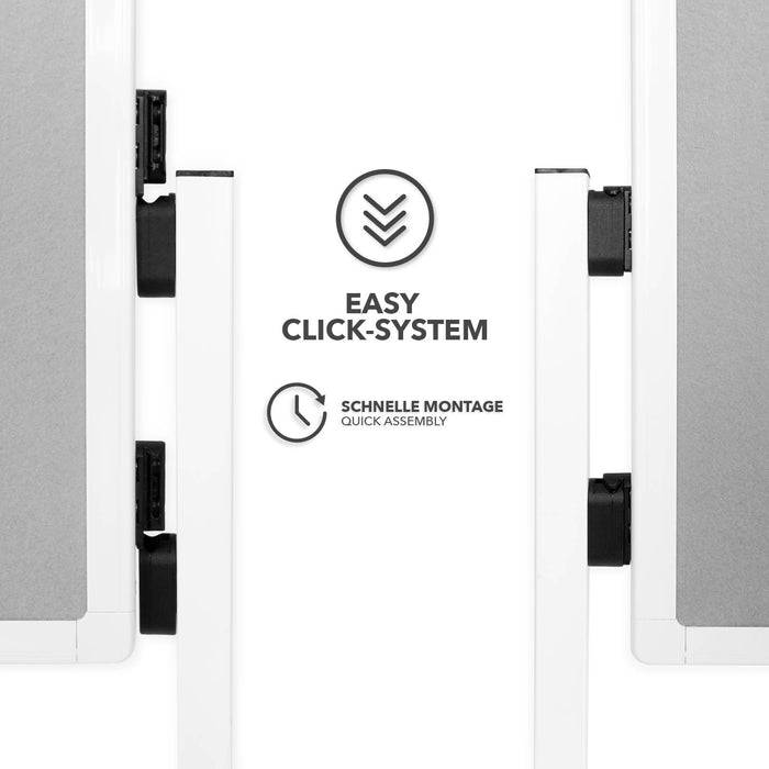 Diagramm mit dem 'Easy Click-System' und der 'Schnellen Montage' für einen Befestigungsmechanismus, das eine schnelle und einfache Installation veranschaulicht.