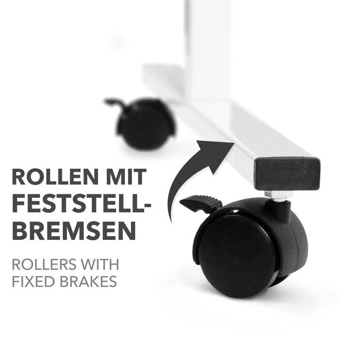 Rollen mit Feststellbremsen' - Eine Nahaufnahme eines Rades mit einer angebrachten Feststellbremse an einem Rahmen.