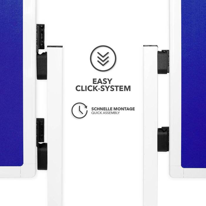 Zwei blaue Paneele mit schwarzen Scharnieren auf weißen Rahmen. Text dazwischen liest sich: 