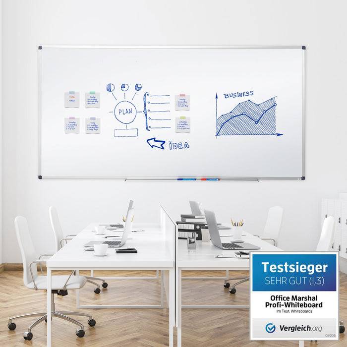 Ein modernes Büro mit einer Whiteboard, die Geschäftskonzepte zeigt, illustriert mit Diagrammen und Notizen. Weiße Schreibtische mit Computern befinden sich im Vordergrund.