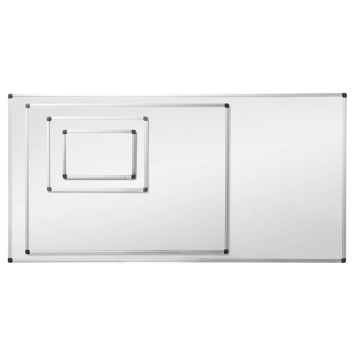 Eine klare Whiteboard mit silbernem Rahmen, in deren Mitte eine kleinere Whiteboard eingebettet ist. Keine Markierungen oder Schrift vorhanden.