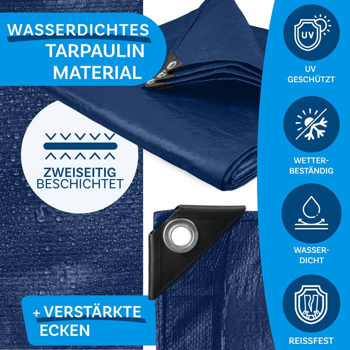 Wasserdichte Plane aus Kunststoffmaterial. Das Bild zeigt eine blaue Plane mit Wassertropfen und verstärkten Ecken. Symbole weisen auf UV-Schutz, Witterungsbeständigkeit, Wasserdichtigkeit und Reißfestigkeit hin.