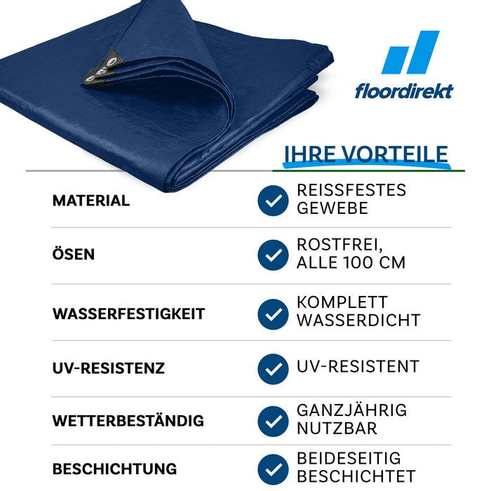Blaue Plane mit Aufzählung ihrer Vorteile: reißfestes Material, Ösen alle 100 cm, wasserdicht, UV-beständig, ganzjährige Nutzung, doppelt beschichtet.
