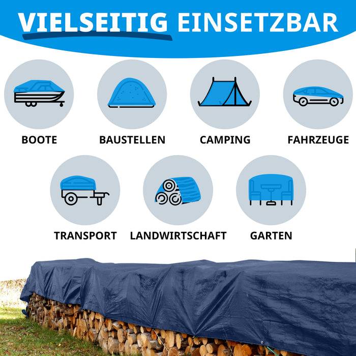 Blaue Plane deckt gestapeltes Brennholz ab. Darüber befinden sich Symbole, die verschiedene Verwendungszwecke zeigen: Boote, Bauwesen, Camping, Fahrzeuge, Transport, Landwirtschaft, Garten. Der deutsche Text bedeutet „Vielseitige Verwendung