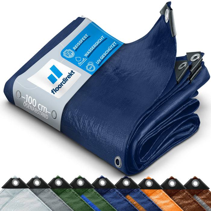 Ein blauer wasserdichter Tarnnetz mit Ösen, mit Kennzeichnungen für Reißfestigkeit, Wasserdichtigkeit und UV-Schutz. Verschiedene Farben sind unten abgebildet.