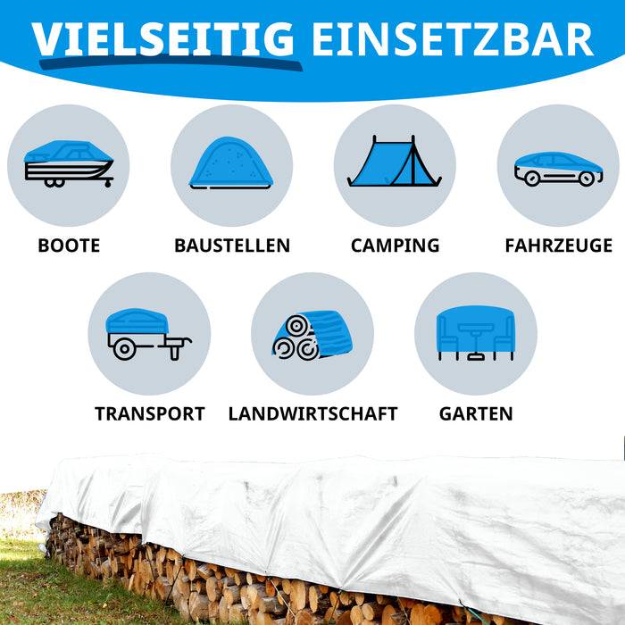 Eine vielseitige Plane deckt gestapelte Holzscheite ab und veranschaulicht Verwendungsmöglichkeiten wie Boote, Baustellen, Camping, Fahrzeuge, Transport, Landwirtschaft und Gartenbau.
