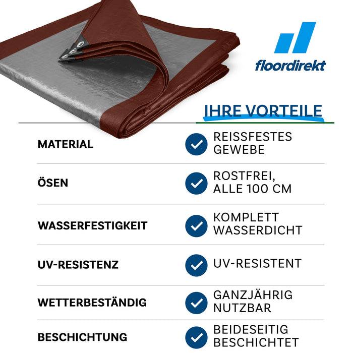 Plane mit braunen und silbernen Schichten. Aufgelistete Vorteile: rostfreie Ösen, wasserdicht, UV-beständig, vielseitig einsetzbar, beide Seiten beschichtet.