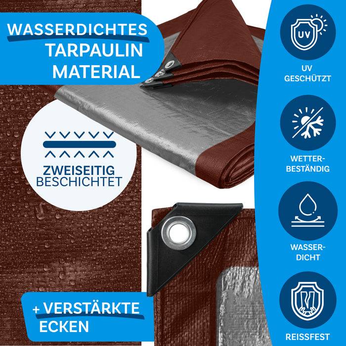 Plane Material: UV-geschützt, wetterbeständig, wasserdicht, reißfest. Beidseitig beschichtet, verstärkte Ecken.