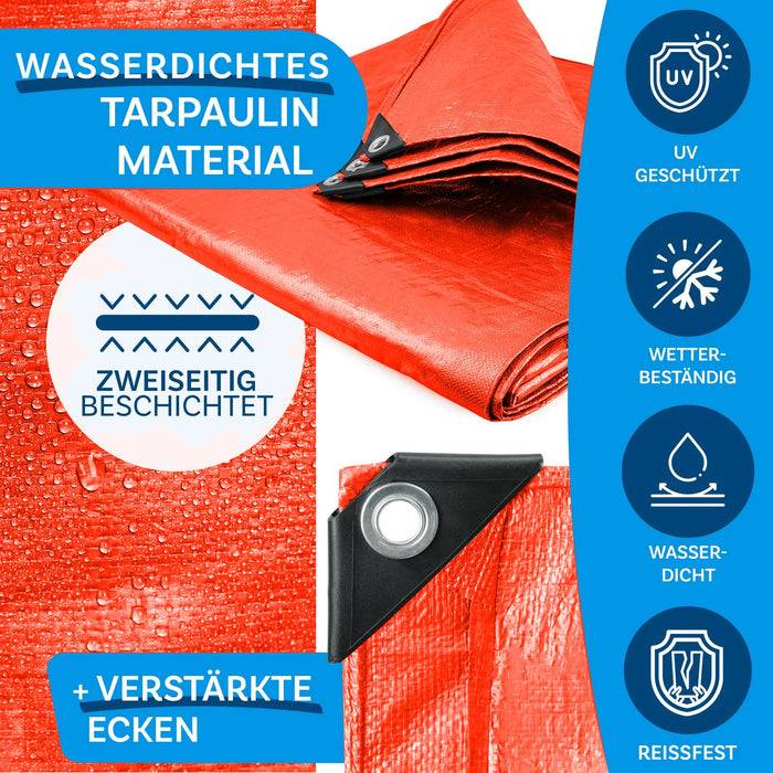 Rote wasserdichte Plane mit verstärkten Ecken. Eigenschaften: UV-Schutz, wetterbeständig, wasserdicht, reißfest.