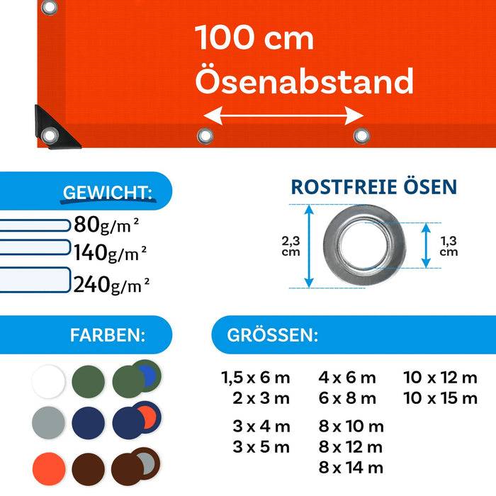 Rotes Banner mit weißem Text „100 cm Ösenabstand