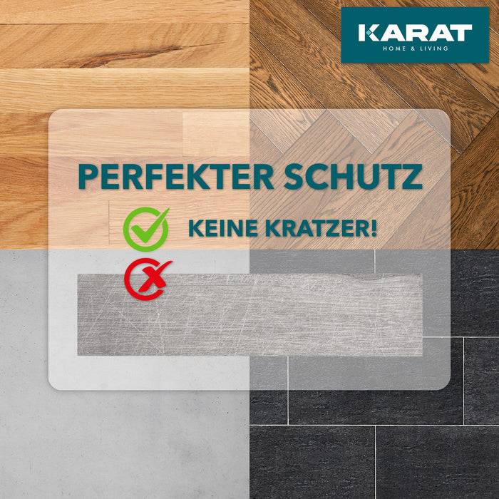Perfekter Schutz, keine Kratzer!' vor dem Hintergrund von vier verschiedenen Bodenbelägen. Einer ist mit einem grünen Häkchen und ein anderer mit einem roten Kreuz markiert.