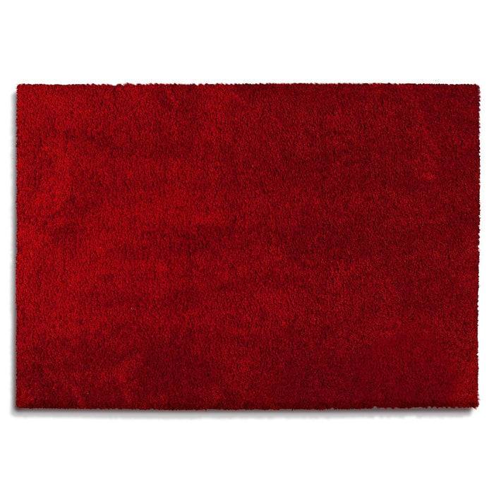 Ein flauschiger, rechteckiger roter Teppich mit weicher Textur, der den gesamten Rahmen ausfüllt.