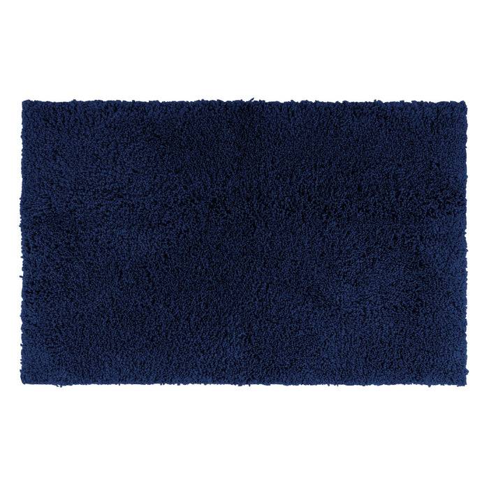 Ein marineblauer, rechteckiger Badematte mit einer dicken, strukturierten Oberfläche. Die Matte hat eine weiche Textur, die Weichheit und Komfort vermittelt.